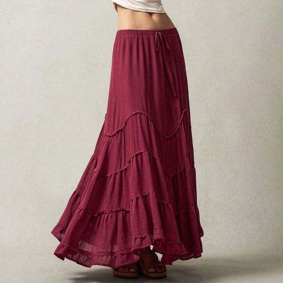 Plus Solid Stretchy Drawstring Waist Ruffle Hem Maxi Skirt - Picture 4 of 7